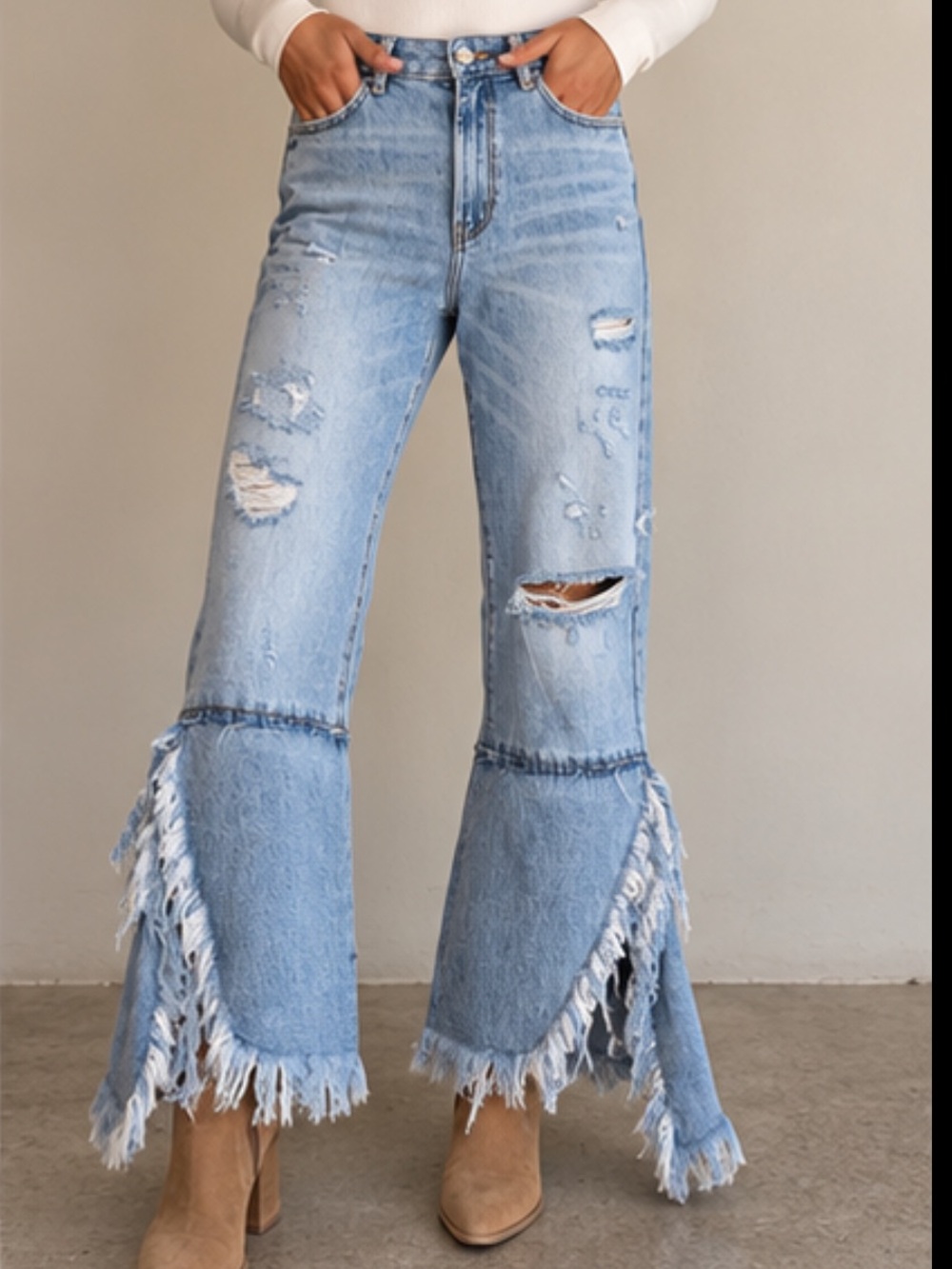 ZARA Trafaluc Denimwear IXD Makers Distressed Flare Jeans With Frayed Panel Hem - Picture 3 of 10